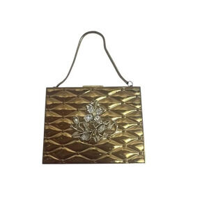 1950’s Double Sided Evan’s Metal Cosmetic Compact Gold tone Clutch With Handle